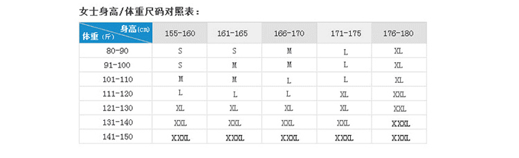 女款沖鋒衣尺碼對(duì)照表